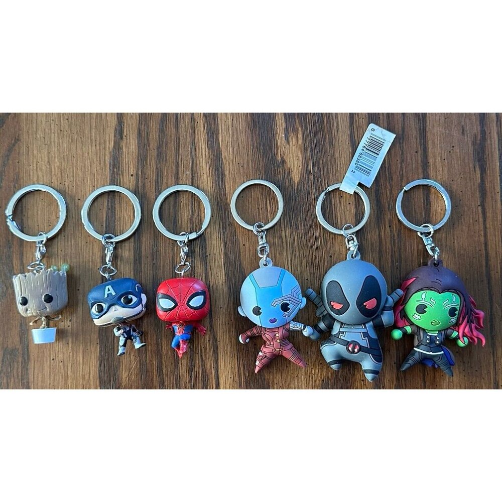 6 Marvel Keychains Lot Spiderman Deadpool Groot Captain America Gamora Nebula